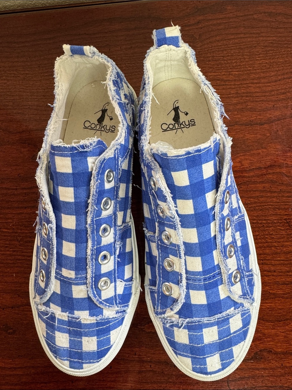 Corkys Lady’s Gingham Slip-On Sneakers in Blue and White Plaid
